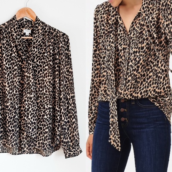 J Crew Factory leopard tie neck blouse - Picture 1 of 8
